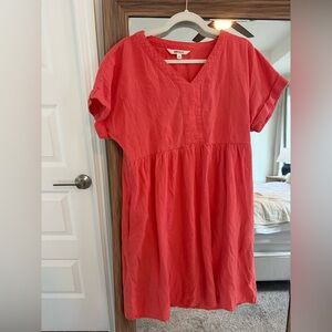 Briggs Linen Blend Coral V-Neck Short Sleeve Midi Shift Dress beach vacation